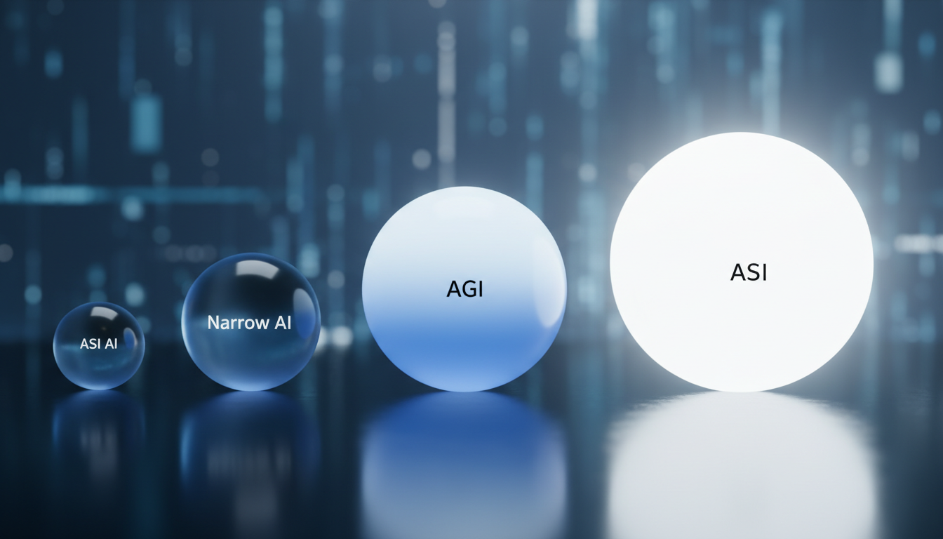 Три уровня систем ИИ: узкий, общий и сверхинтеллект — визуальное сравнение