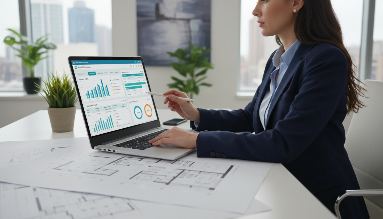 Менеджер строительной компании анализирует данные и сметы с помощью ИИ-платформы на ноутбуке