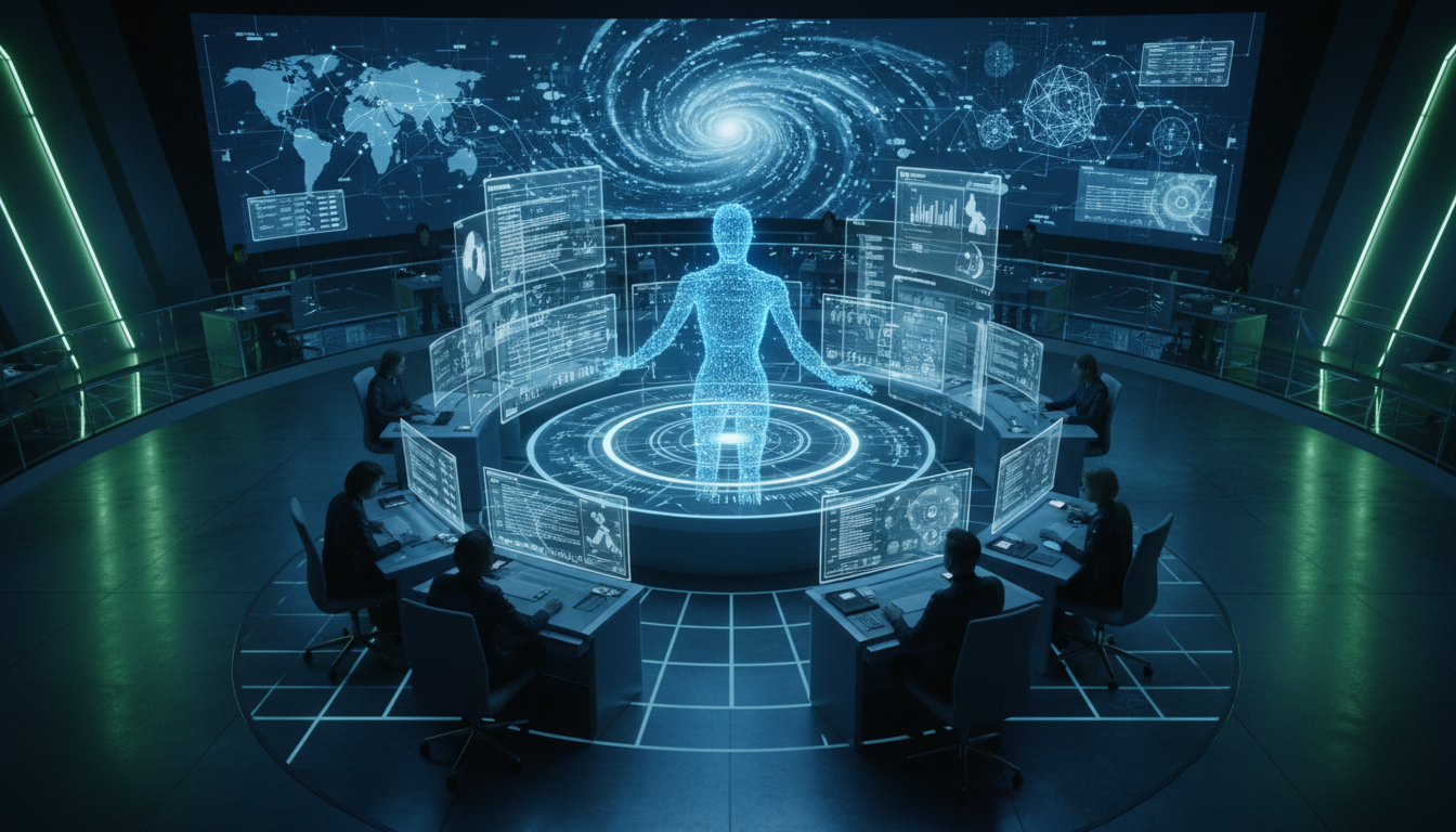 Футуристический вид на AI-агентов и автономные системы аналитики данных в бизнесе будущего
