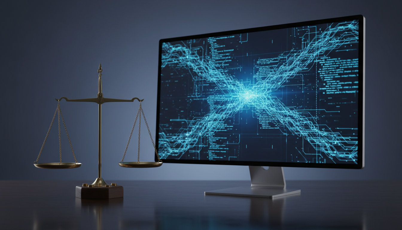Авторские права и нейросети — весы правосудия рядом с экраном AI