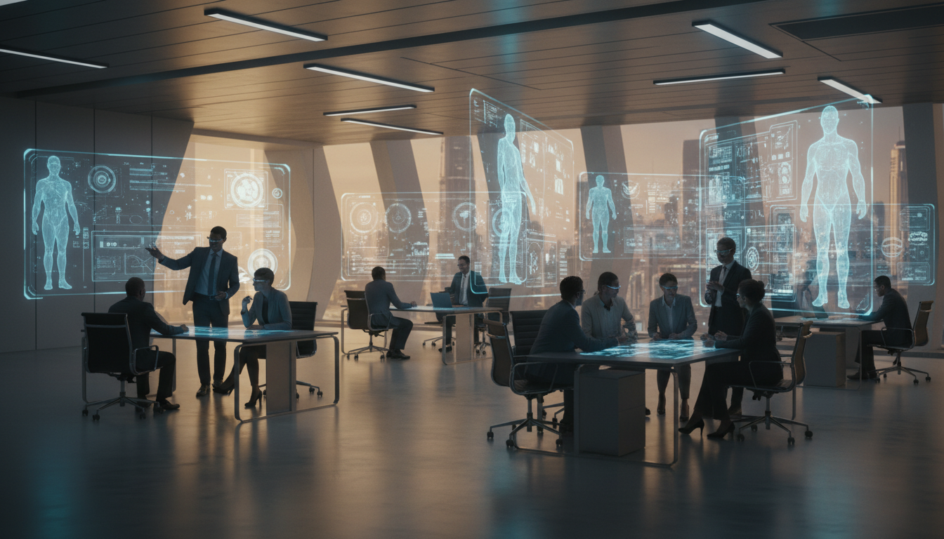 Тренды искусственного интеллекта для бизнеса — футуристический офис с AI-агентами