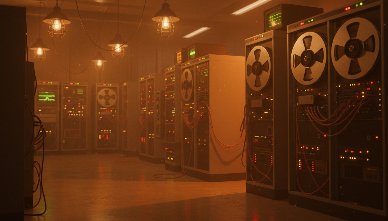 Старый мейнфрейм-компьютер 1970-х годов как символ первых этапов развития искусственного интеллекта