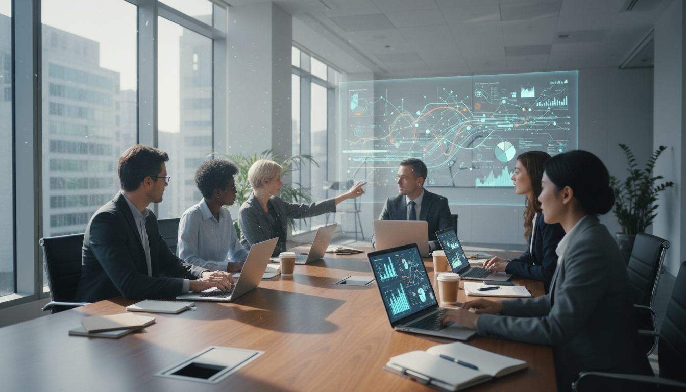 Команда бизнеса обсуждает внедрение ИИ-решения за переговорным столом
