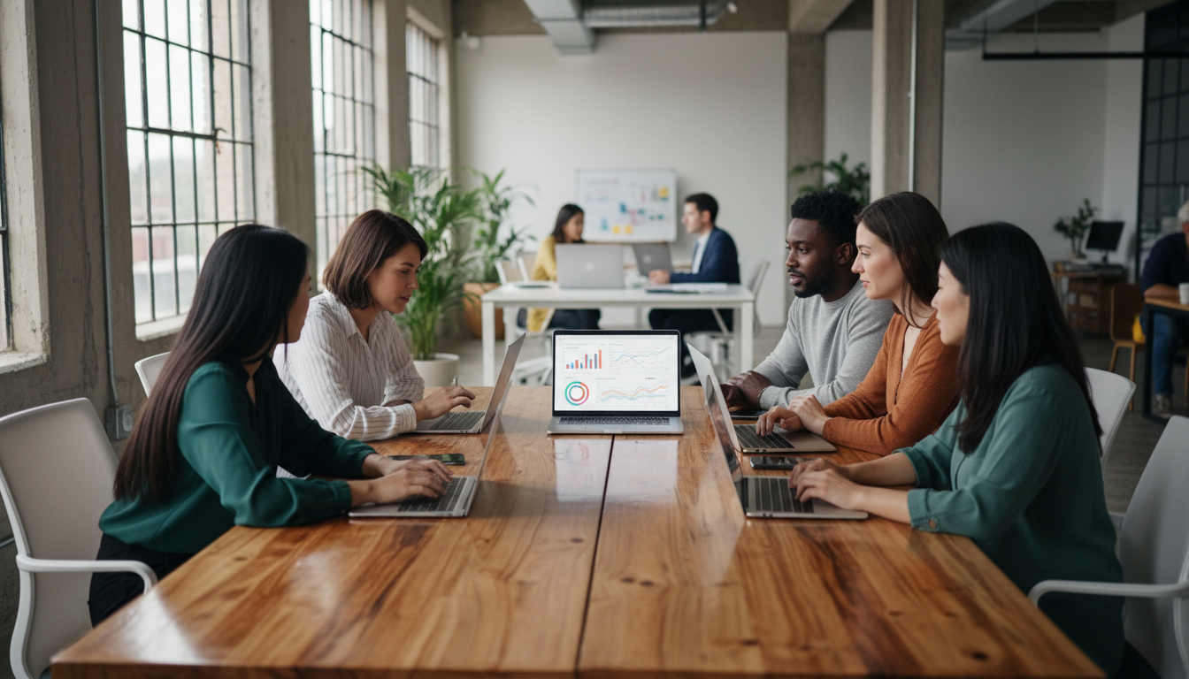 Команда маркетологов работает с ИИ-инструментами для анализа данных клиентов