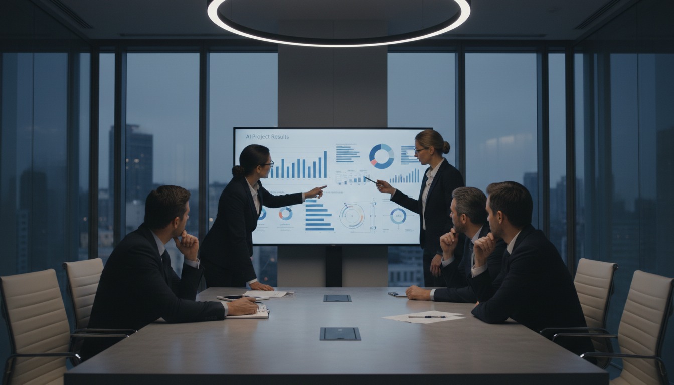 Руководитель анализирует риски и результаты ИИ-проекта на совещании