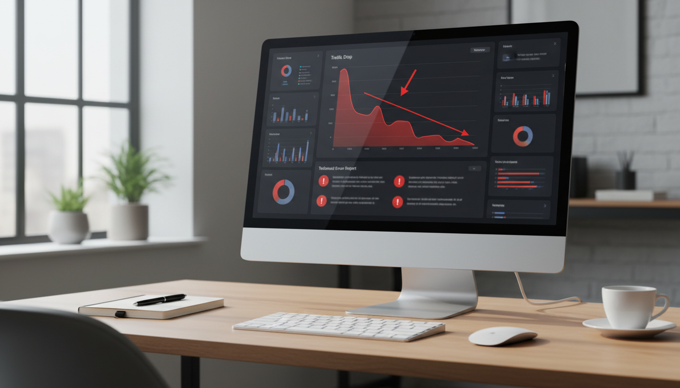 Аналитика SEO на экране компьютера с графиком падения трафика из-за технических ошибок на сайте