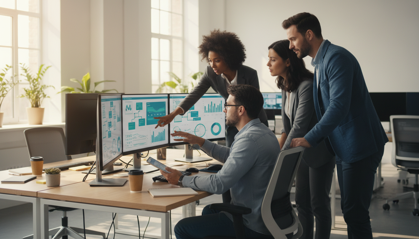 Пошаговое внедрение искусственного интеллекта в складской учёт — команда специалистов у экранов