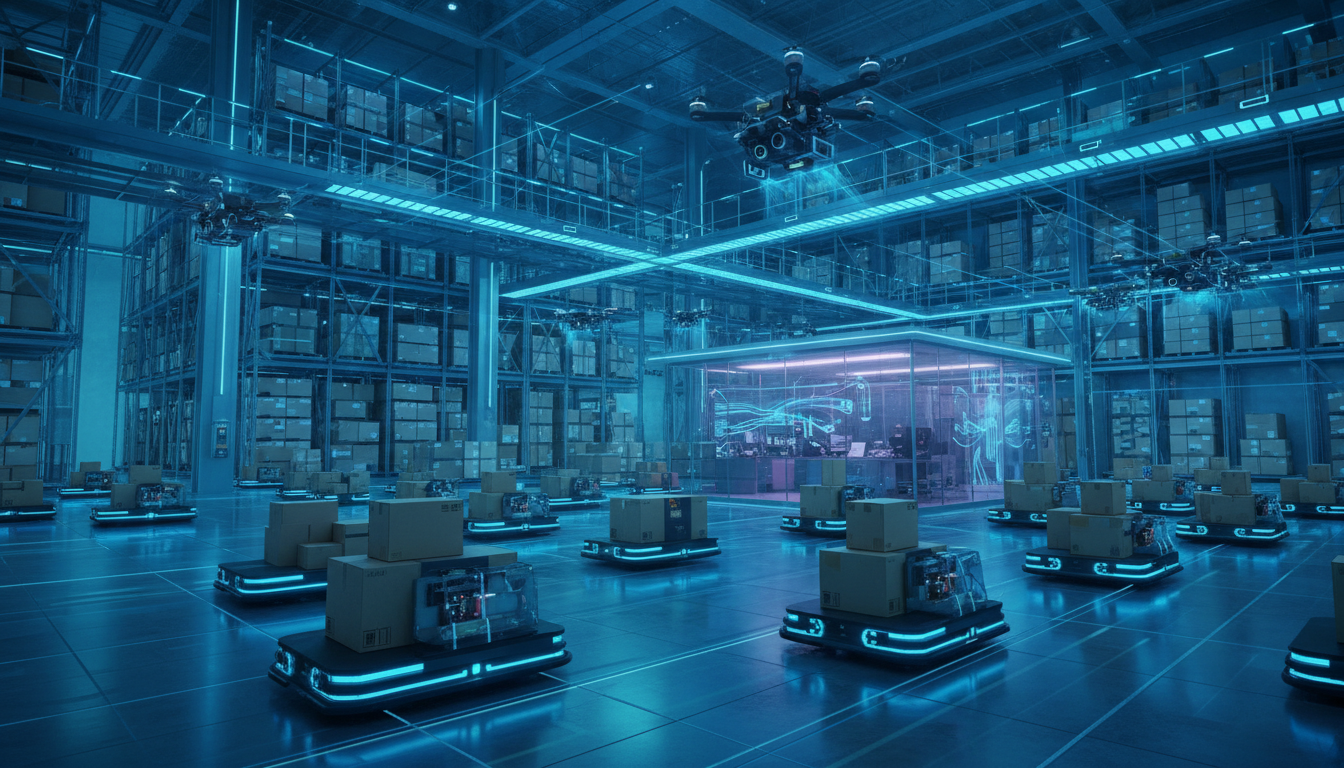 Умный склад будущего с дронами и автономными роботами для управления запасами