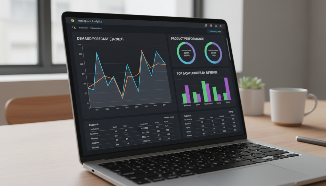 Экран ноутбука с графиком прогноза продаж и аналитическим дашбордом маркетплейса