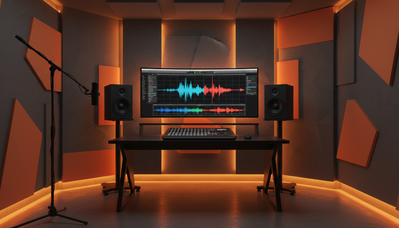Профессиональная студия записи с ИИ-интерфейсом шумоподавления на экране