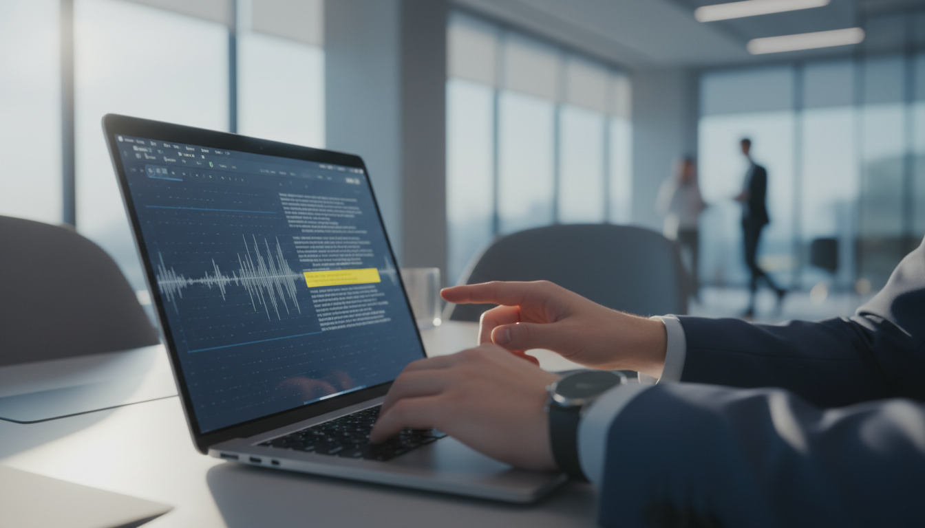 Человек проверяет AI-контент на экране ноутбука в офисной среде