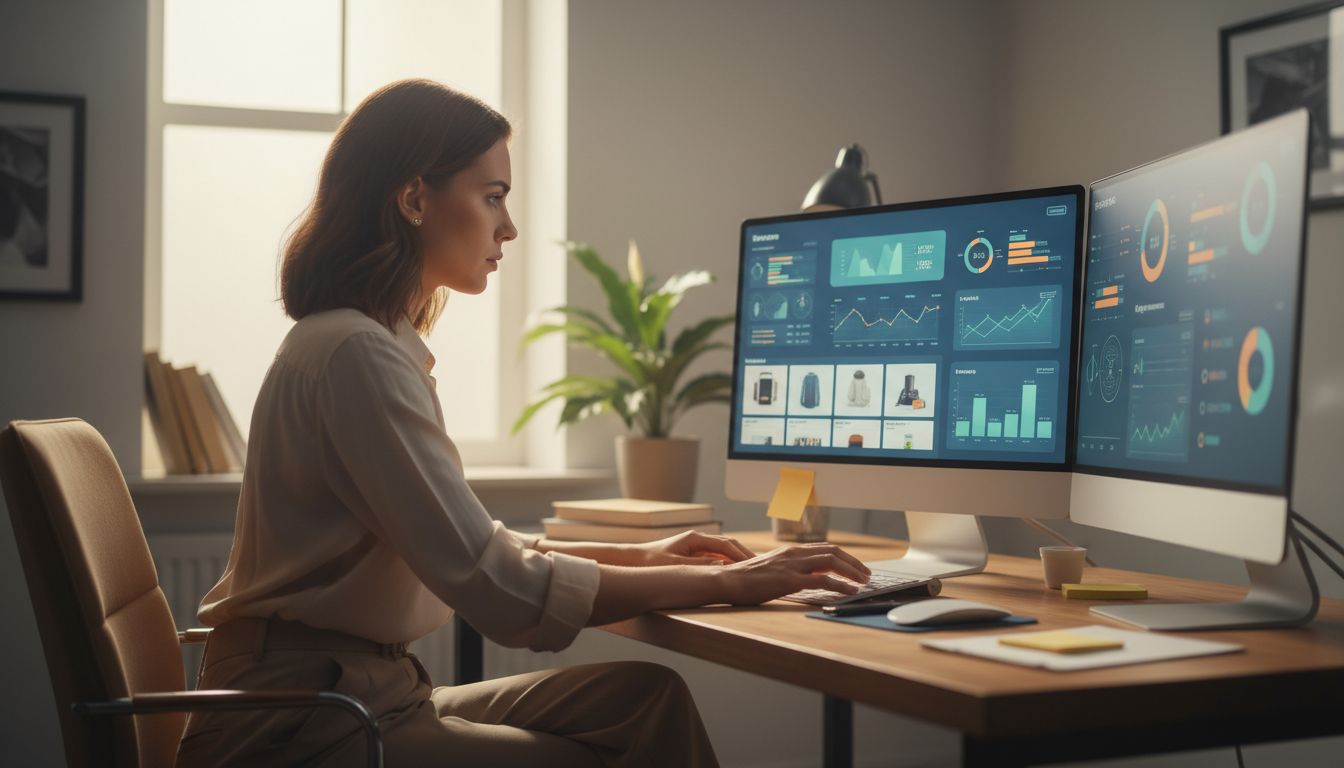 Пошаговый процесс анализа конкурентов с нейросетью — человек за компьютером изучает данные маркетплейса