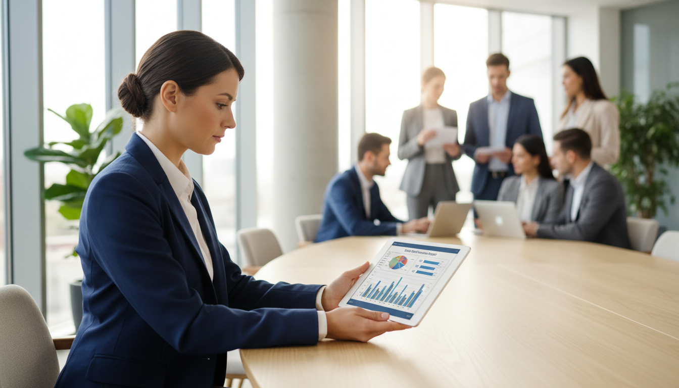 Руководитель отдела продаж изучает сравнительный отчёт по звонкам менеджеров на планшете