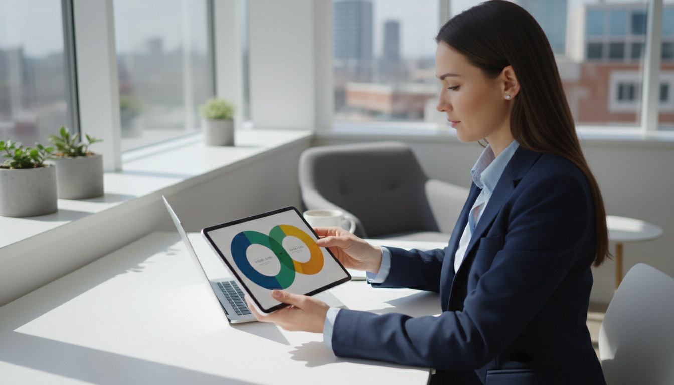 Аналитик банка изучает категоризированные расходы клиентов на планшете