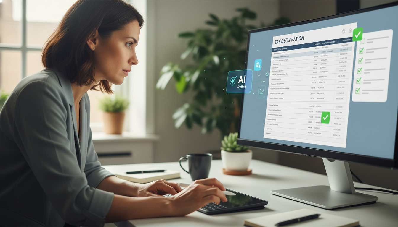 Бухгалтер проверяет автоматически заполненную налоговую декларацию на экране