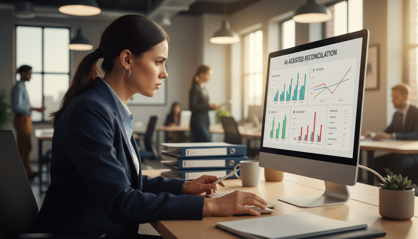 Бухгалтер проверяет результаты автоматической сверки документов в интерфейсе 1С на компьютере