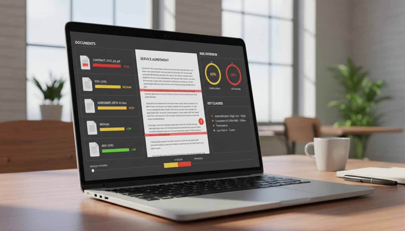 Интерфейс российского ИИ-сервиса для проверки договоров на экране ноутбука