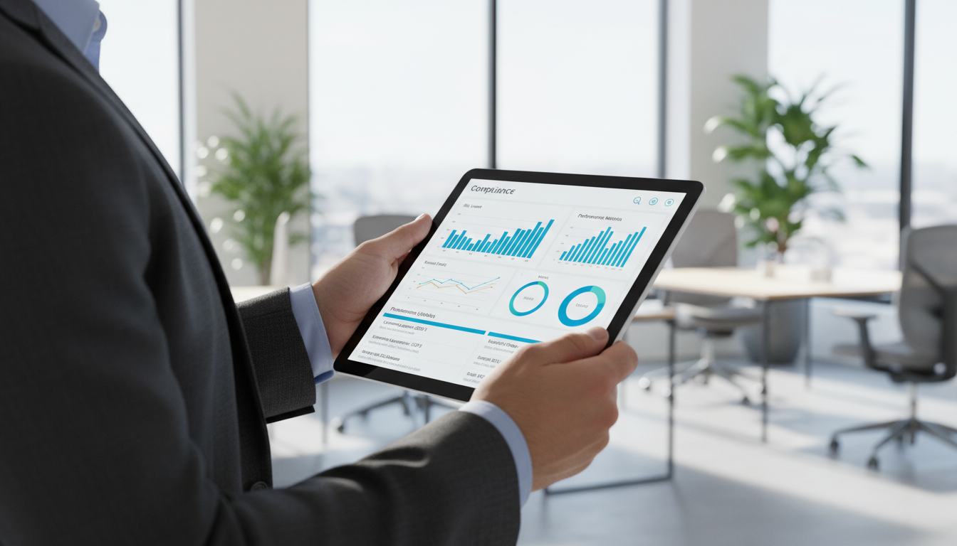 Бизнес-аналитик изучает изменения в законодательстве через ИИ-дашборд на планшете