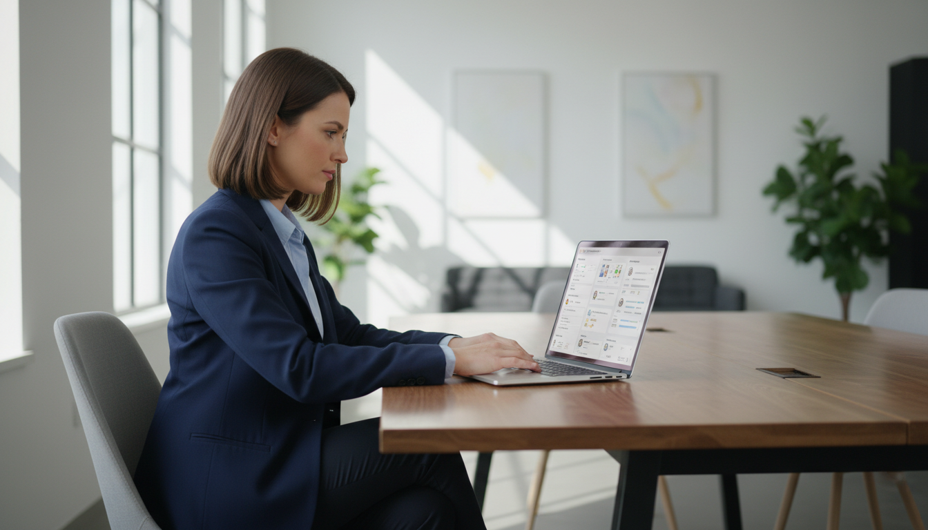 Рекрутер работает с AI-платформой для подбора персонала на ноутбуке