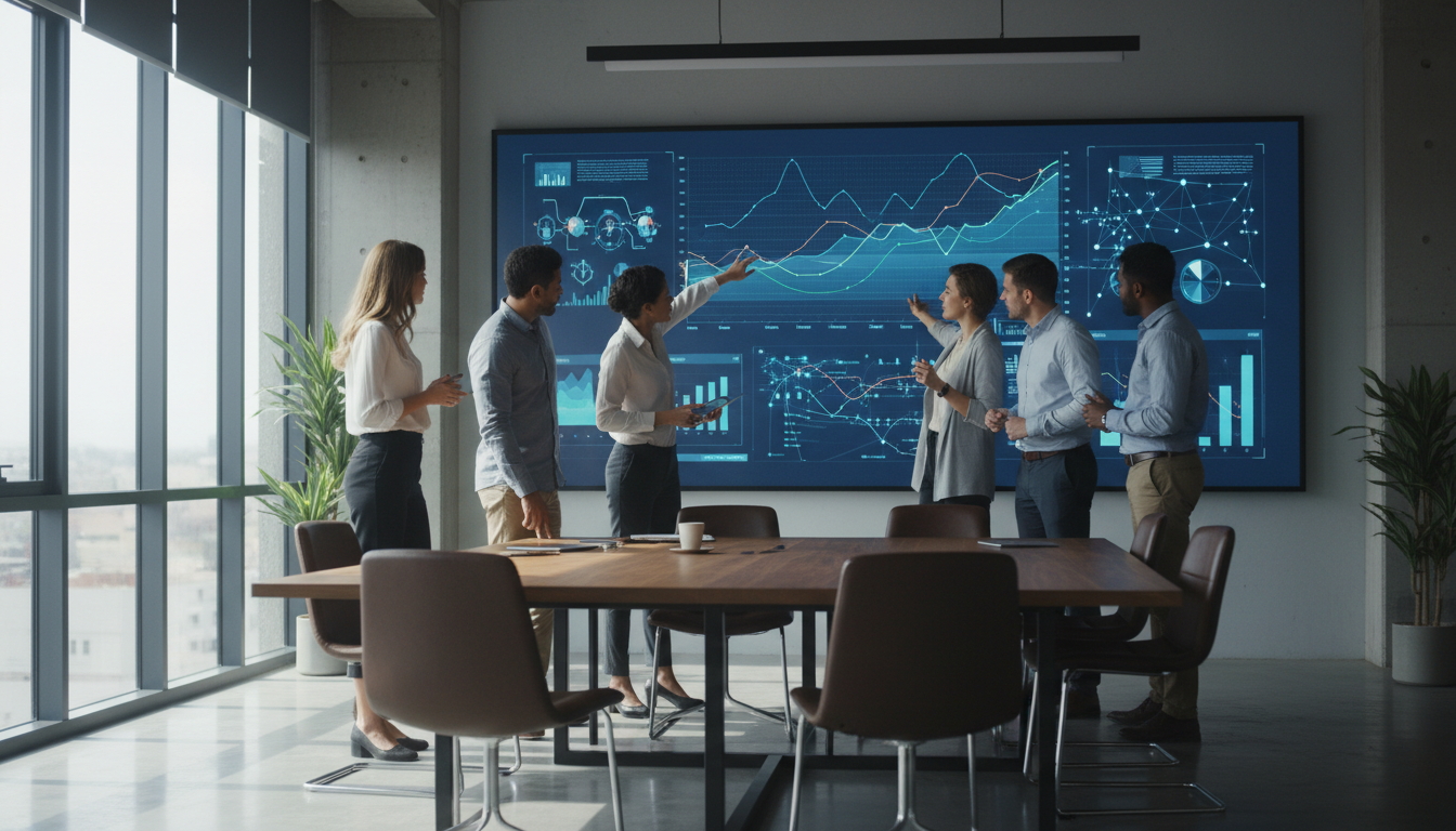 Команда финансистов внедряет ИИ-систему для прогнозирования денежных потоков — обсуждение у доски с данными