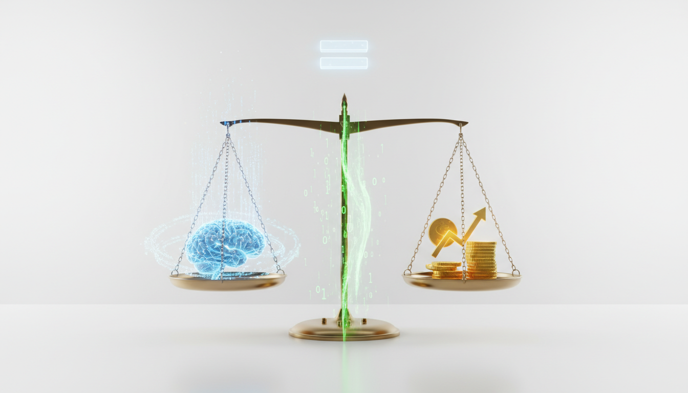 Весы справедливости рядом с символом искусственного интеллекта — метафора этики ИИ в кредитовании