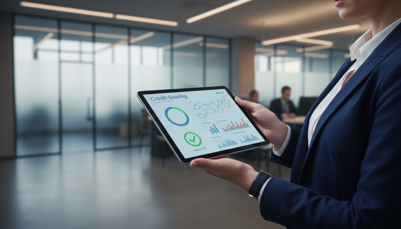 Сотрудник банка работает с ИИ-системой скоринга на планшете