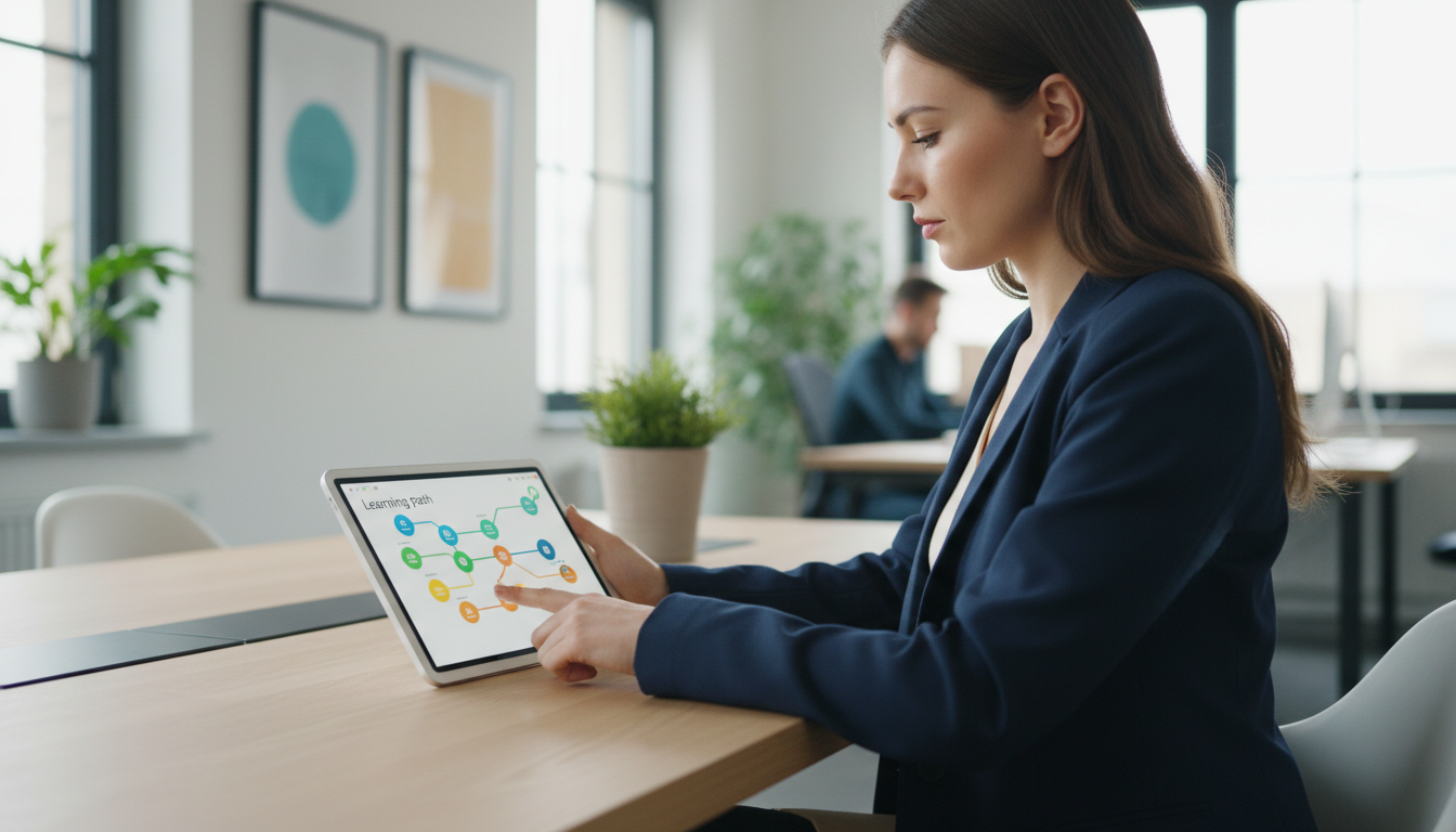 Сотрудник проходит персонализированный обучающий курс на планшете с адаптивным интерфейсом