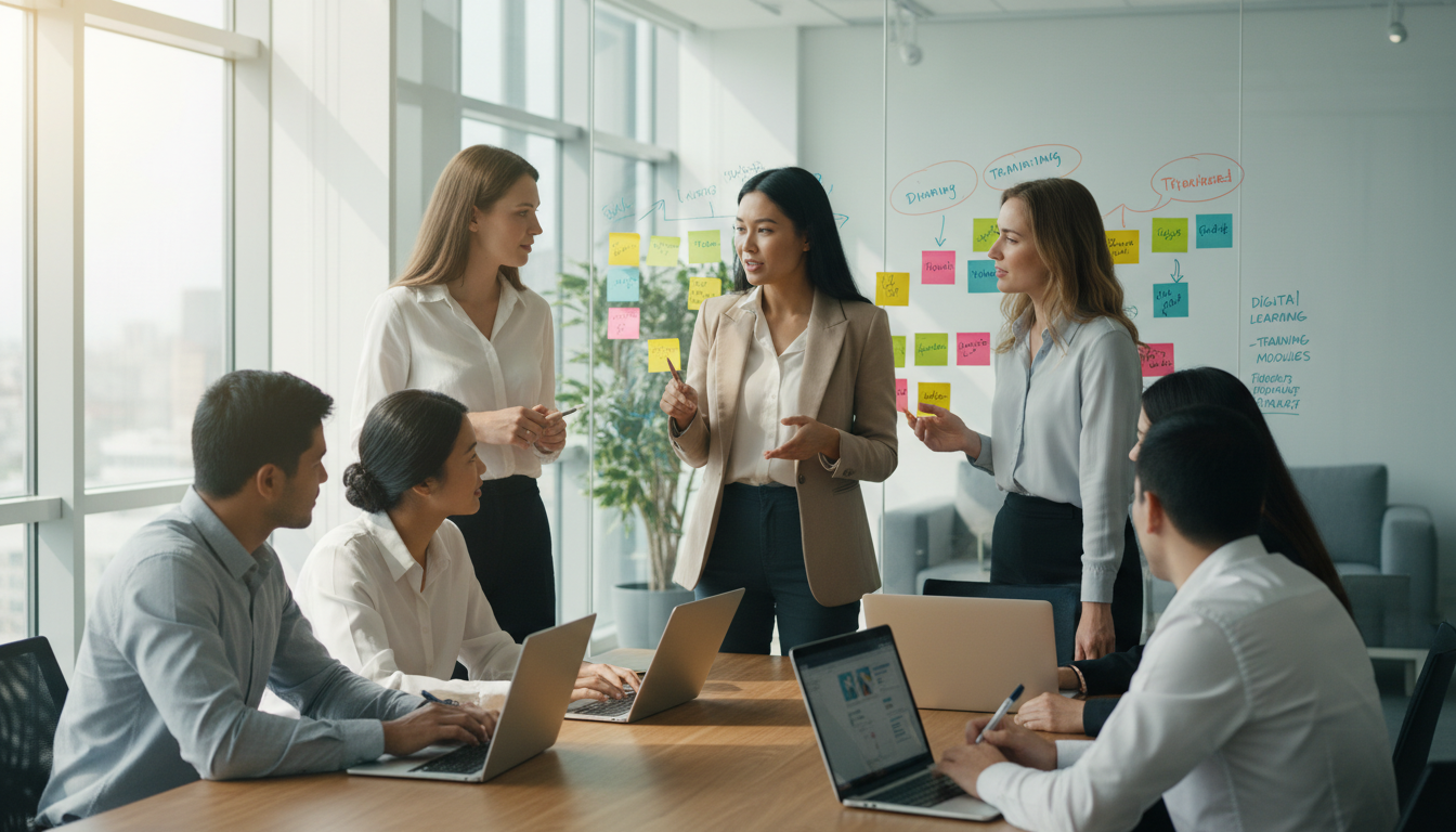 Команда HR обсуждает внедрение ИИ-платформы для обучения — стикеры на доске и ноутбуки