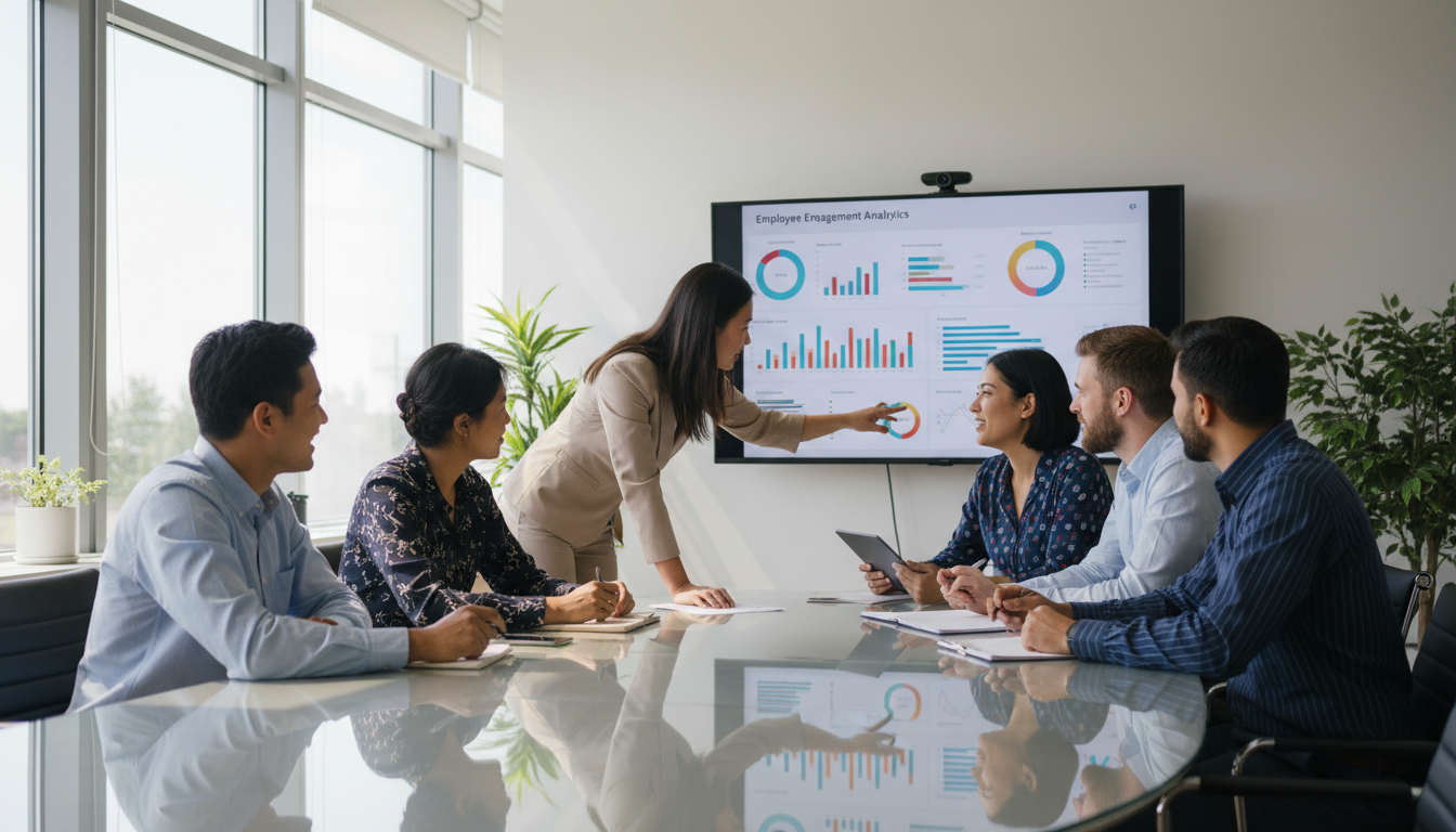 Команда HR-специалистов обсуждает результаты ИИ-аналитики вовлечённости на совещании