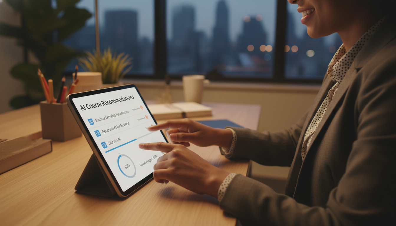 Сотрудник проходит персонализированное обучение на планшете с рекомендациями ИИ