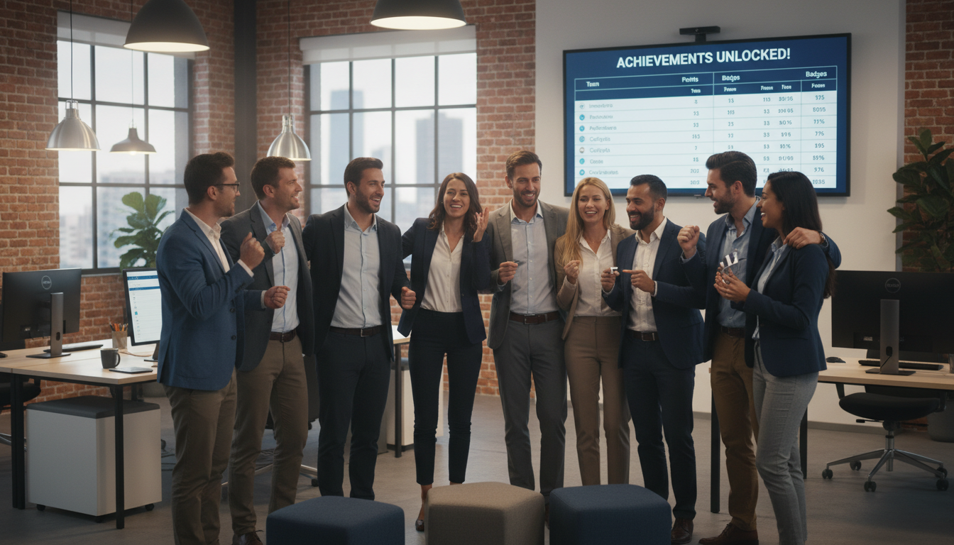 Команда сотрудников обсуждает результаты геймифицированной обучающей программы