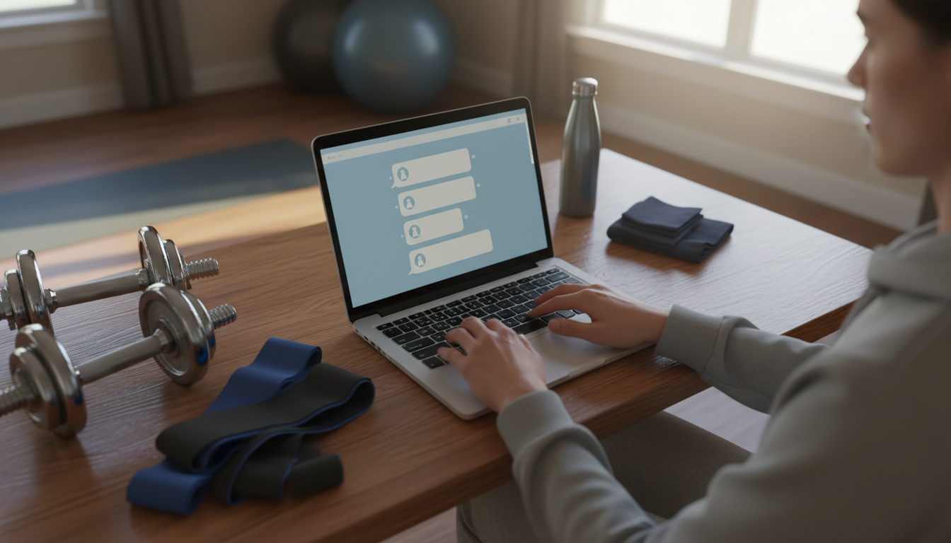Человек печатает запрос для ИИ-тренера на ноутбуке рядом со спортивным инвентарём