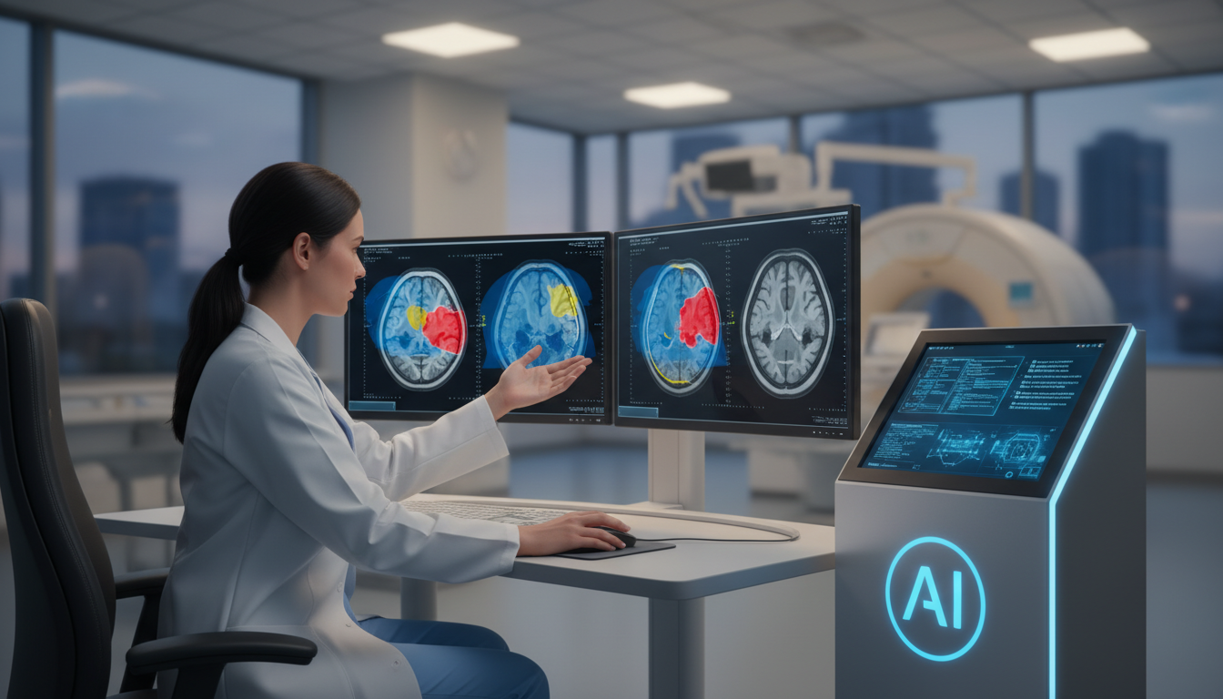 ИИ-система выявляет опухоль на МРТ-снимке головного мозга, процесс ранней диагностики онкологии