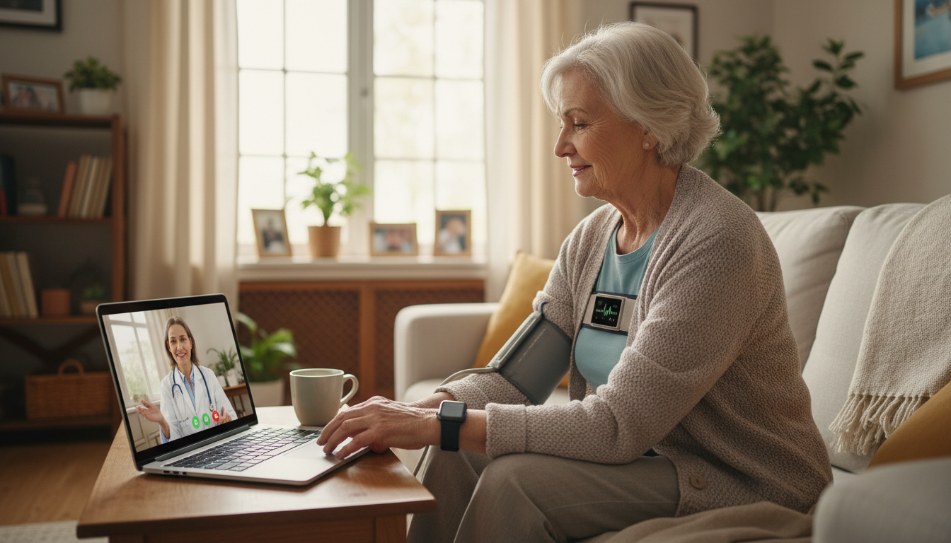 Пациент дома подключён к носимым устройствам мониторинга здоровья, данные передаются врачу через телемедицинскую платформу