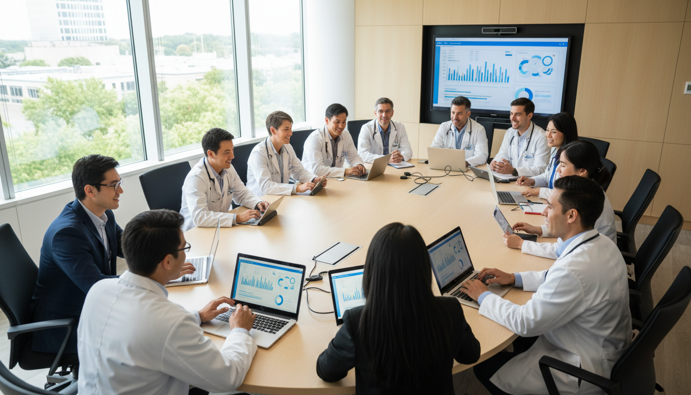 Команда врачей и IT-специалистов обсуждает внедрение ИИ-системы в клинике