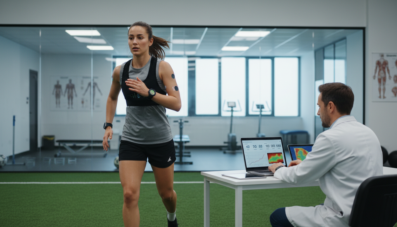 Носимые датчики на спортсмене и экран с биометрическими данными для предотвращения травм