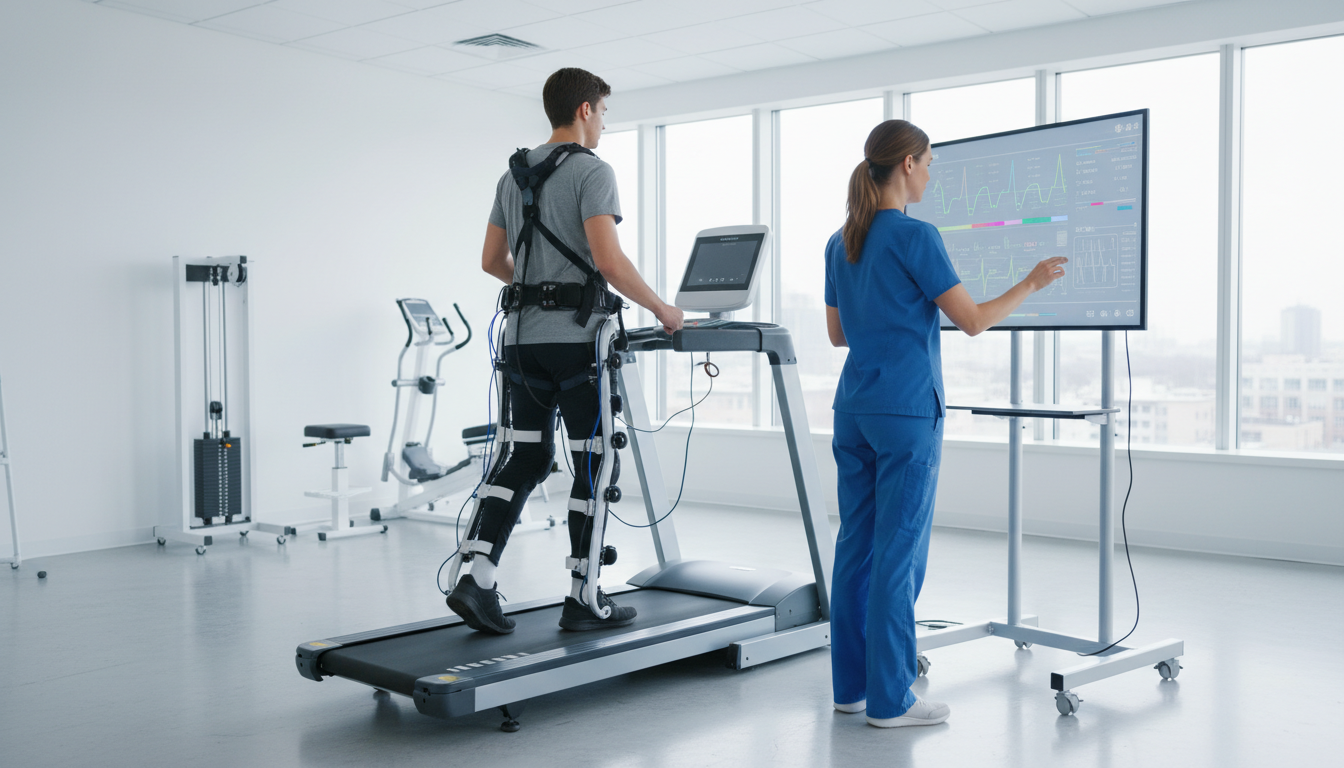 Пациент в экзоскелете с датчиками движения во время реабилитационной сессии