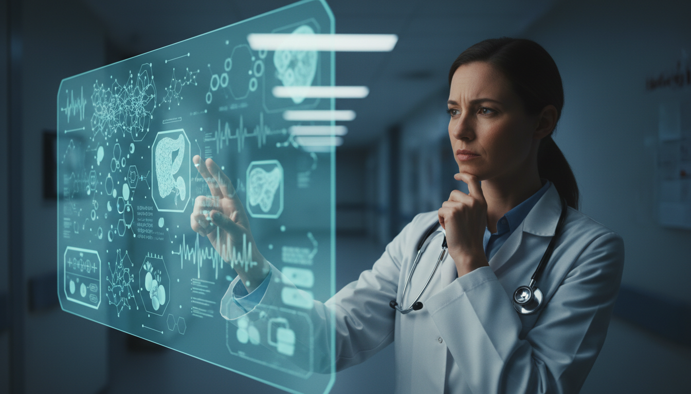 Концептуальная иллюстрация баланса технологий ИИ и человеческого врачебного надзора в медицине