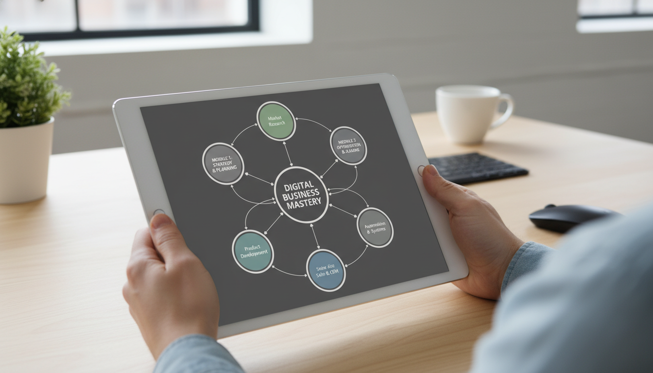 Структура онлайн-курса на цифровом планшете с блок-схемой модулей и уроков