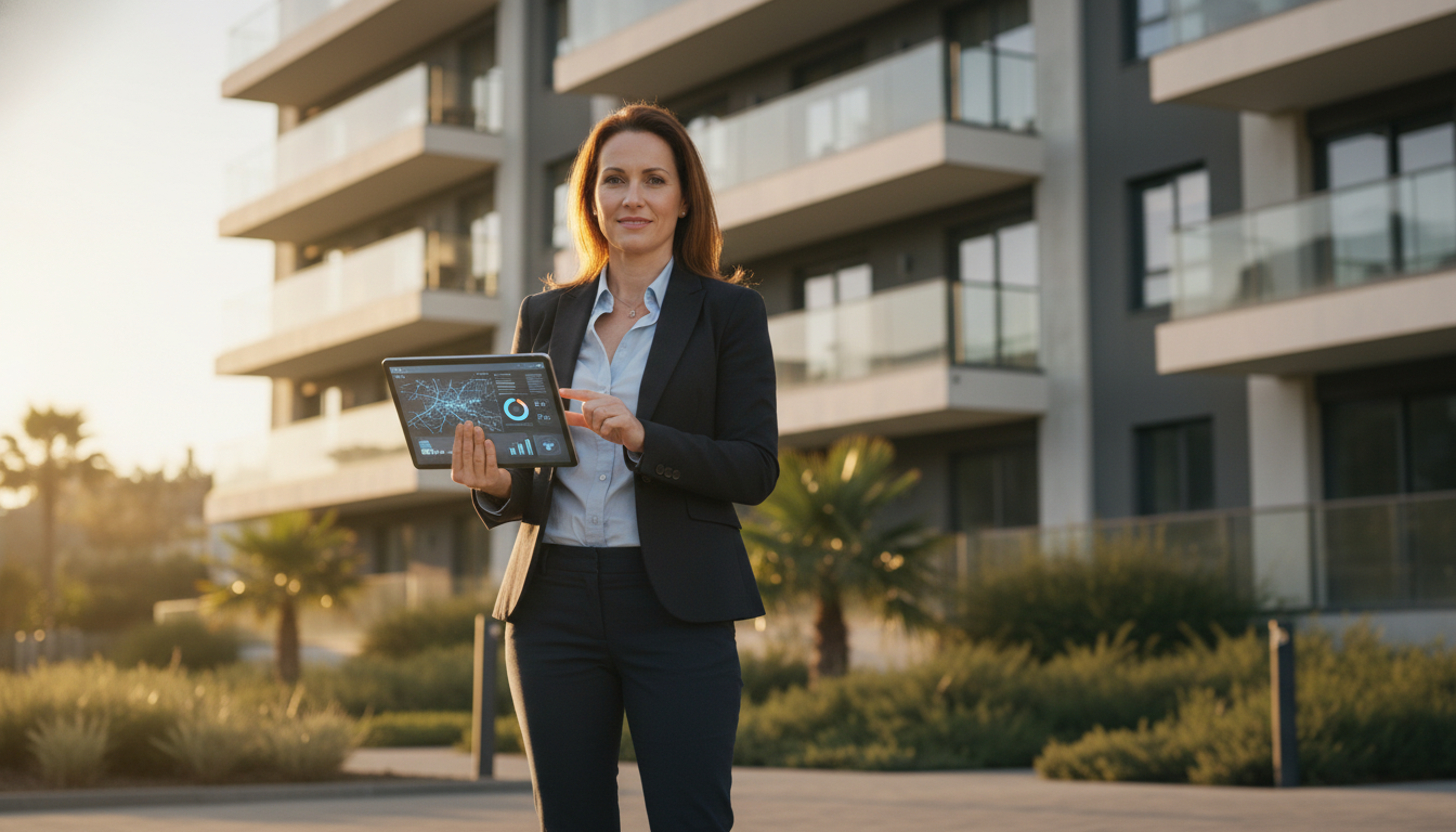 Специалист по недвижимости работает с ИИ-инструментом оценки на планшете рядом с жилым зданием