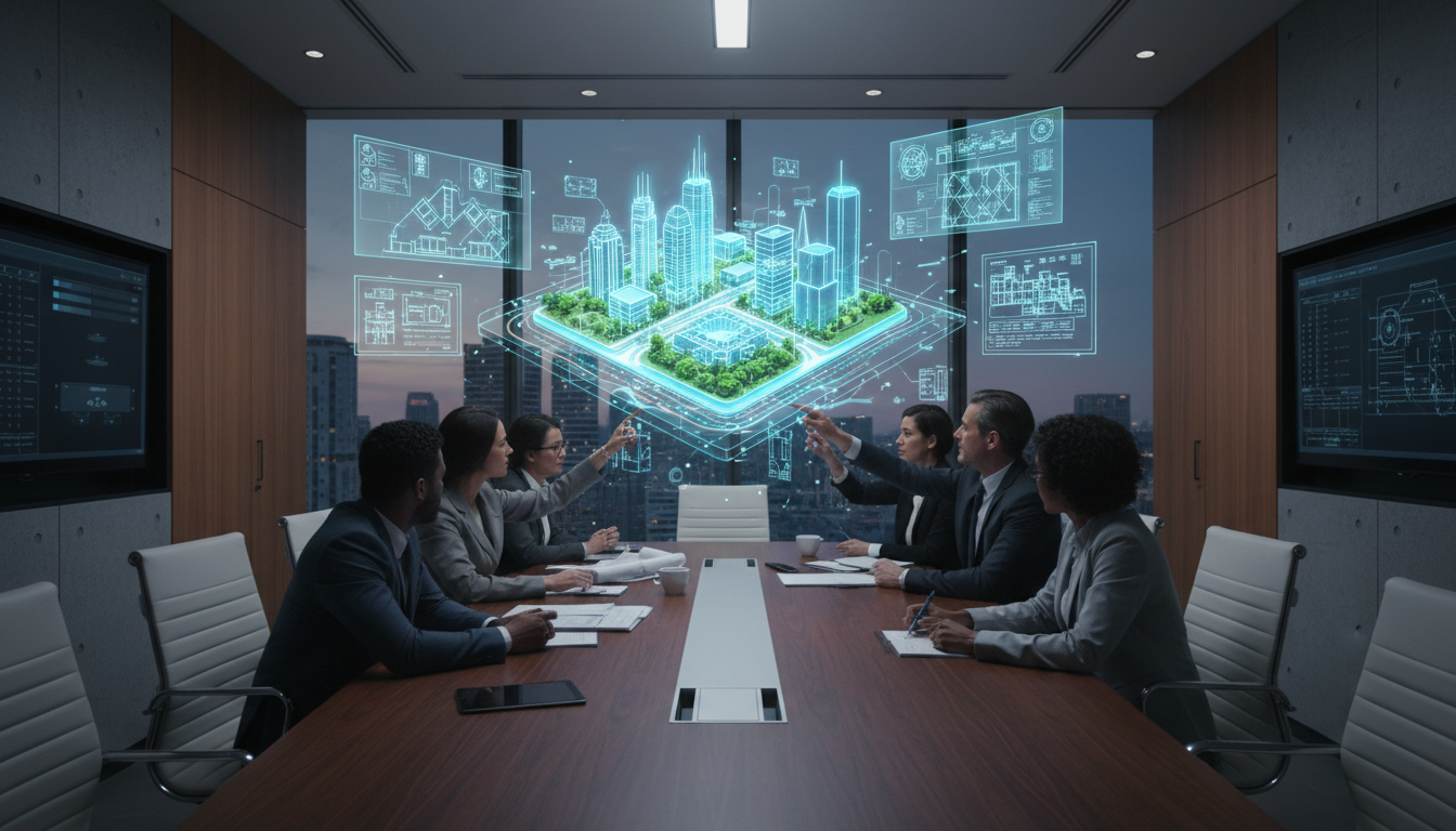 Девелоперская команда анализирует варианты планировок жилого квартала, сгенерированные ИИ