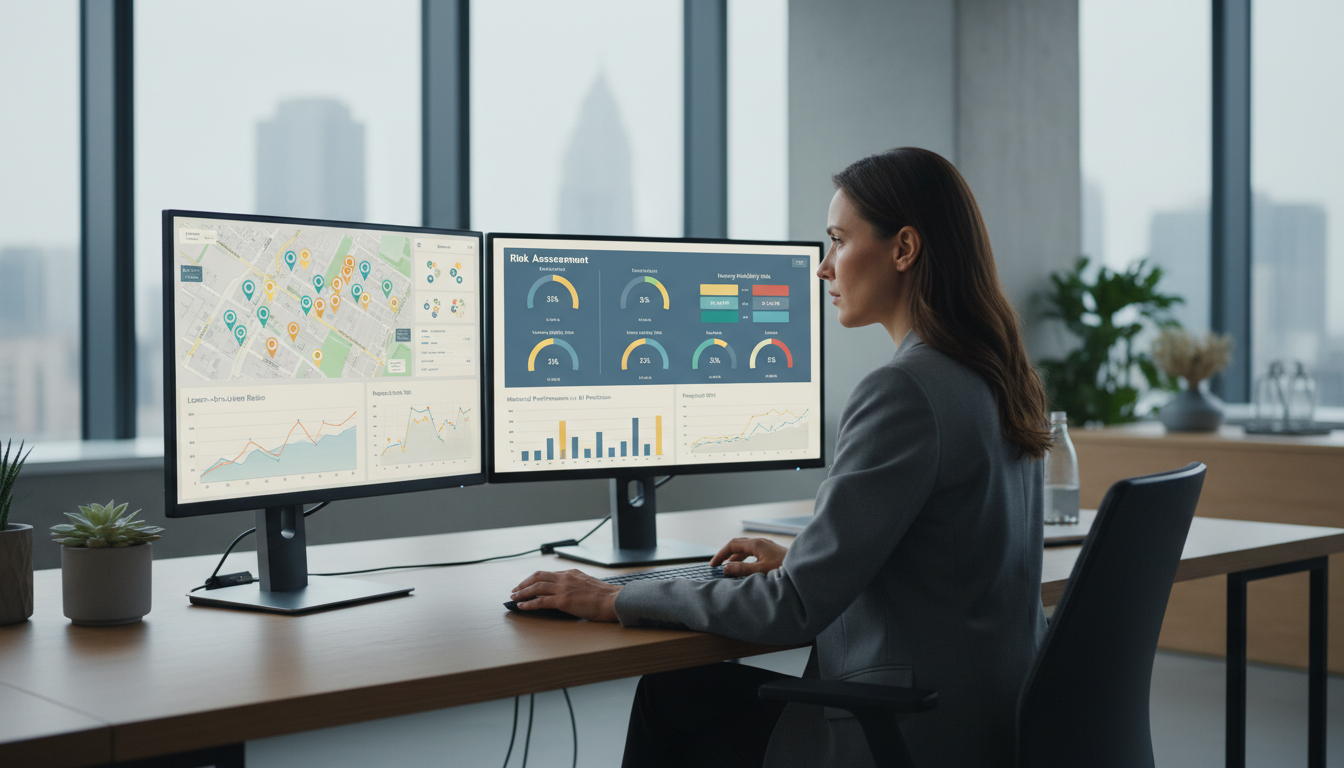 Аналитик проверяет данные ИИ-системы подбора недвижимости на точность и безопасность