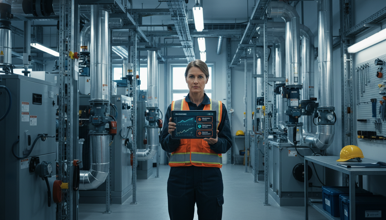 Инженер анализирует данные предиктивного мониторинга здания на планшете