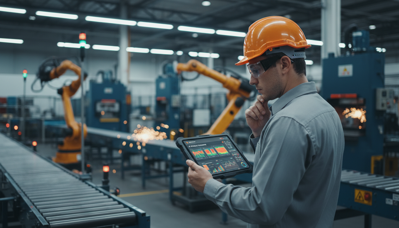 Инженер настраивает систему ИИ-инспекции на производстве с планшетом и данными
