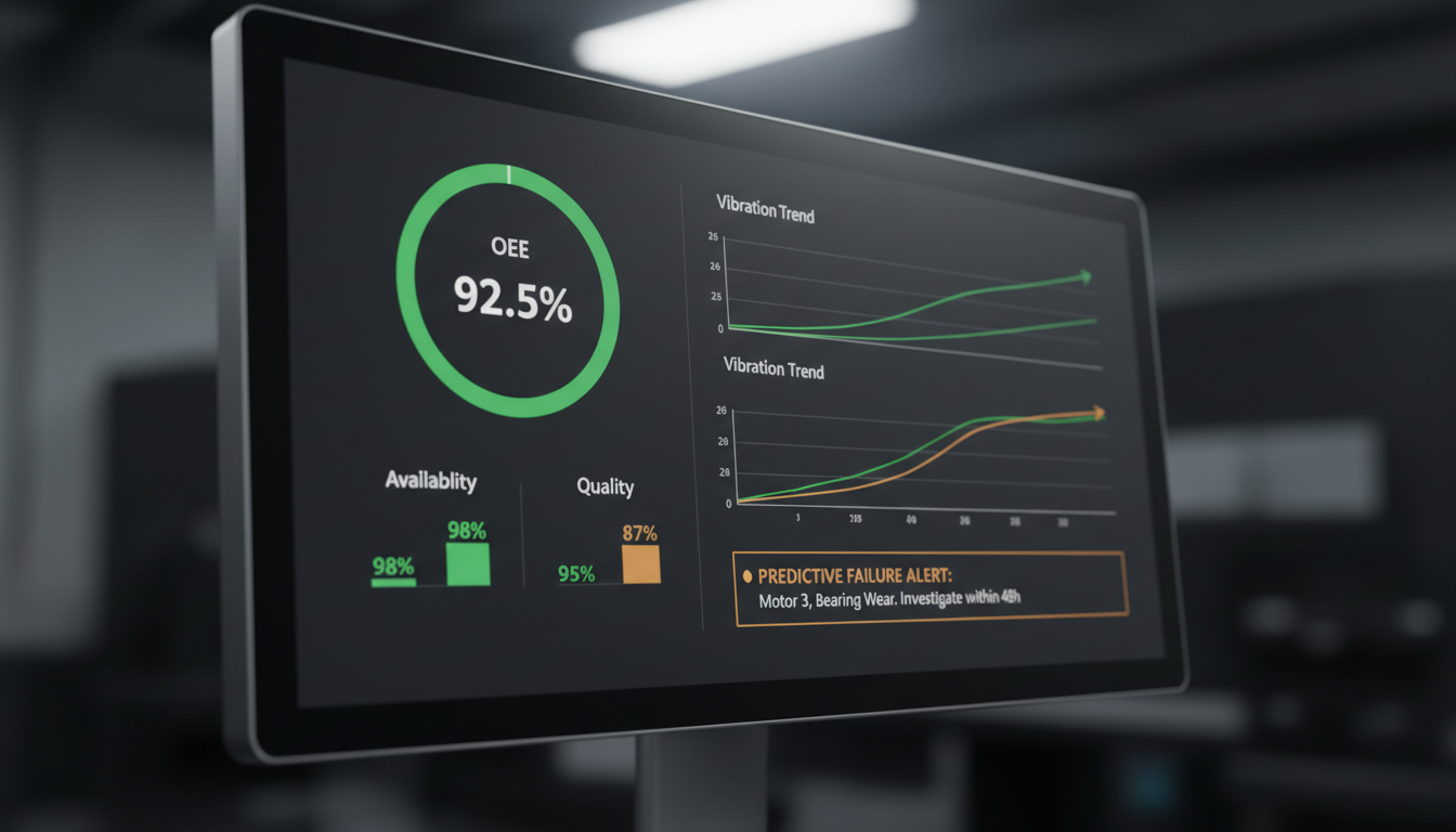 Экран аналитической системы предиктивного ТО с графиками эффективности оборудования и KPI