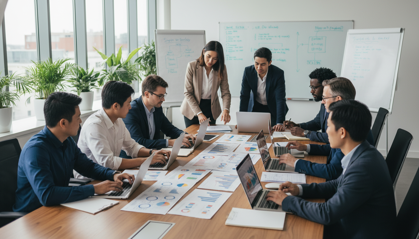 Команда специалистов обсуждает план внедрения ИИ в цепочку поставок на встрече