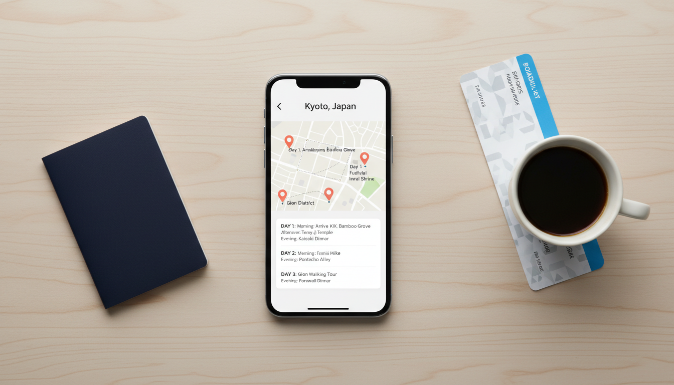 Экран смартфона с ИИ-маршрутом путешествия и пин-метками на карте города