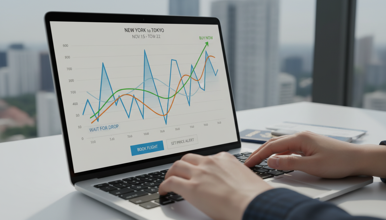 Динамика цен на авиабилеты на экране ноутбука с прогнозом искусственного интеллекта