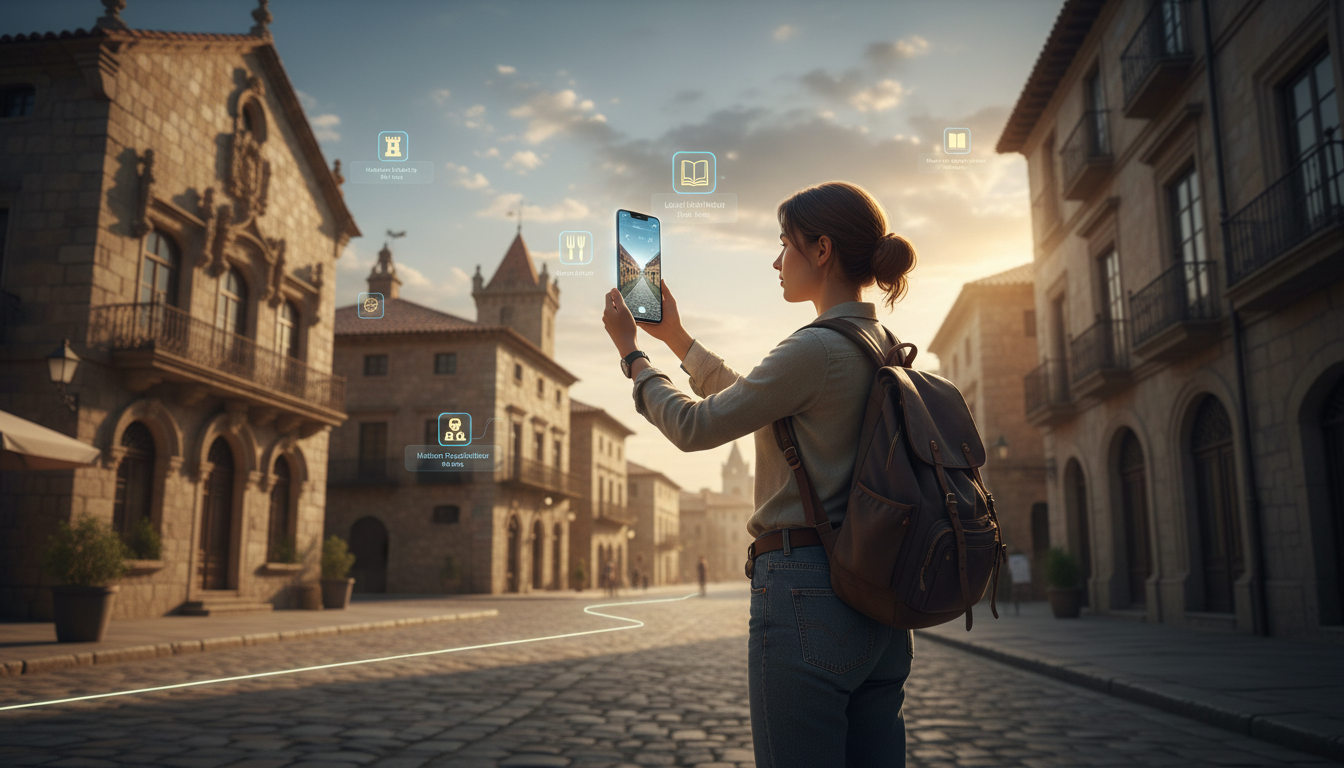 Концептуальная иллюстрация: турист использует AR-очки и ИИ-ассистент в незнакомом городе