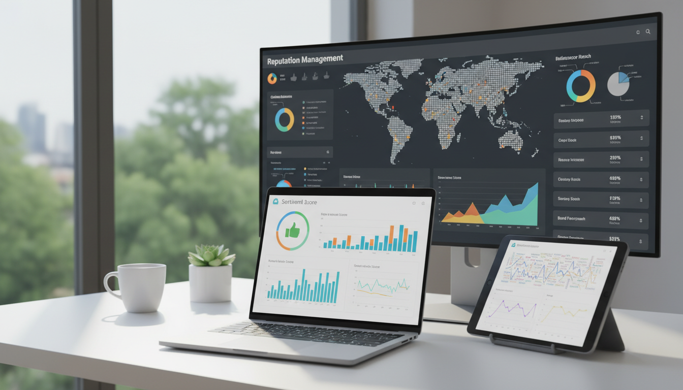 Дашборд аналитики репутации бренда с графиками тональности отзывов на нескольких устройствах